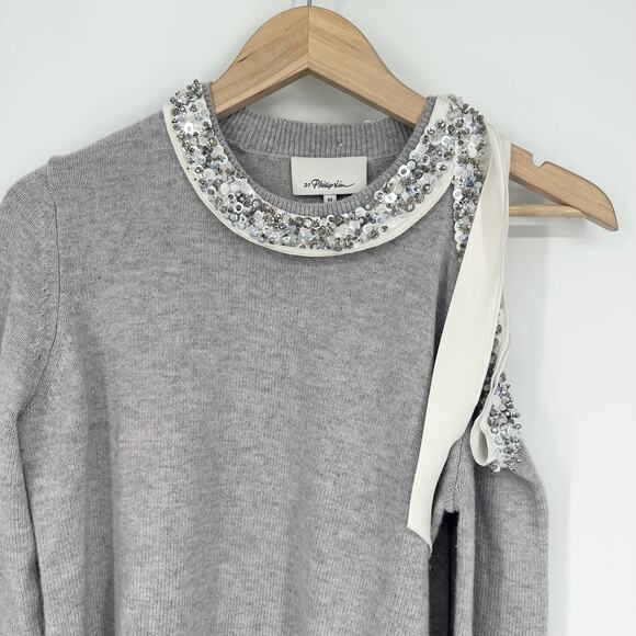 3.1 Phillip Lim Beaded Sequin Sweater Cut Out Crew Neck Yak Cashmere Wool Blend - Picture 6 of 13
